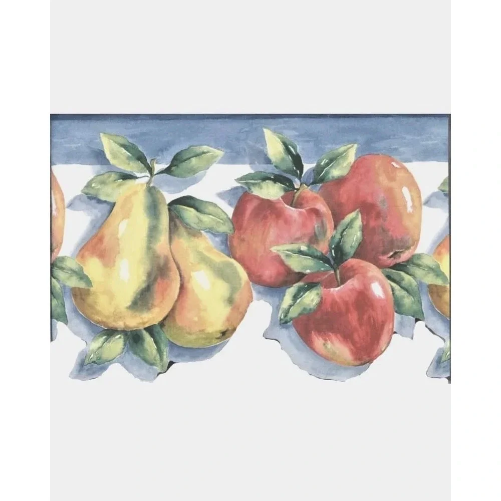 Vintage Laser Cut Apples and Pears / Fruit on Blue Wallpaper Border KE30051B
